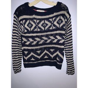 Rewind Women’s Size Small Sweater Navy Tan Tribal Print Cropped Long Sleeved